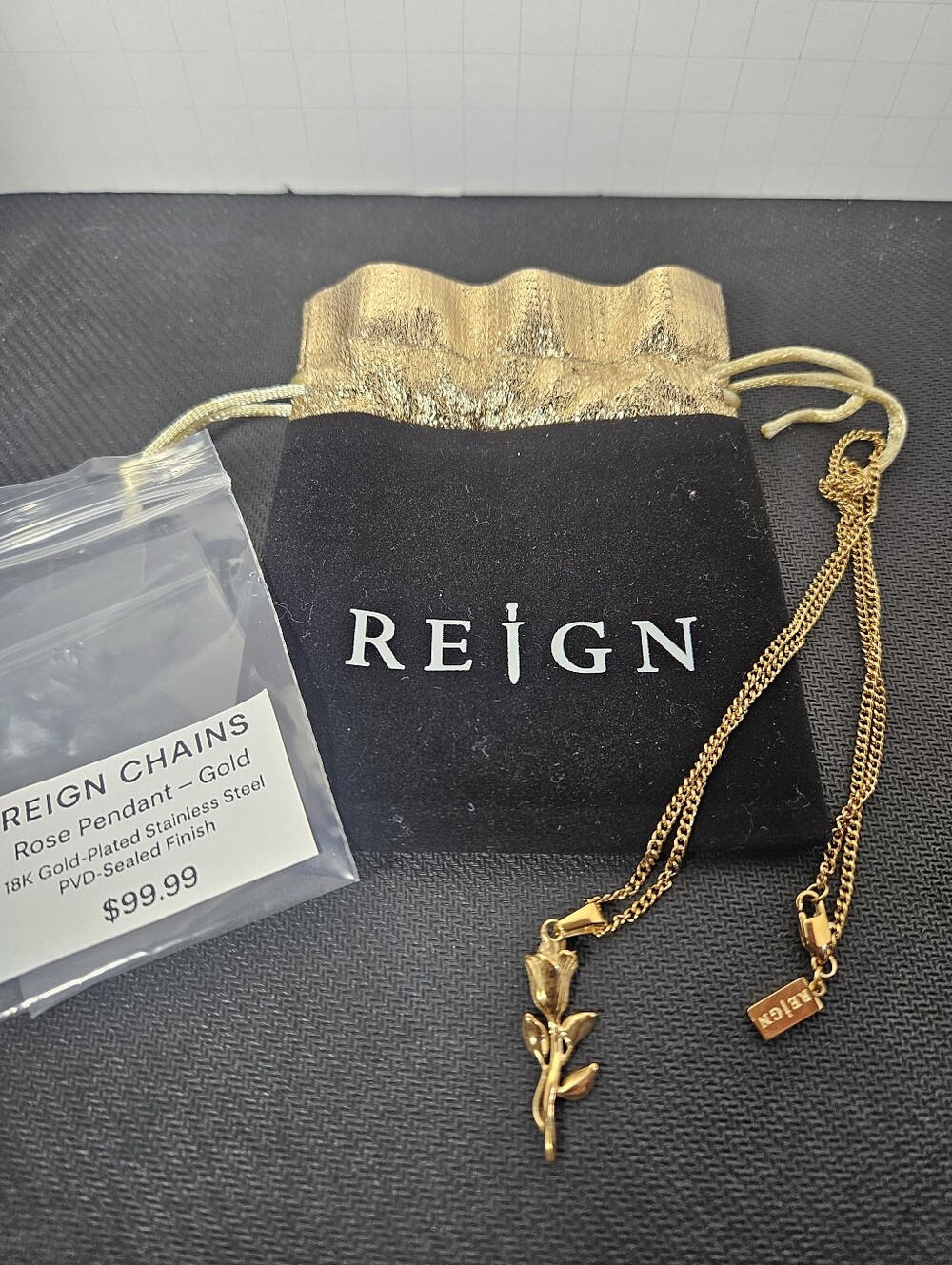 Reign Chains Gold Rose Pendant Necklace 18K Plated Stainless Steel NWT
